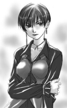 1girl breasts dress earrings female_focus formal_clothes jewelry large_breasts long_sleeves pale_skin short_hair suit the_king_of_fighters vice_(kof) wide_hips