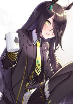 Rule 34 | 1girl, ahoge, akatsuki (kuon), animal ears, black choker, black coat, black gloves, black hair, black pantyhose, black shirt, black skirt, blush, choker, closed mouth, coat, coffee mug, collared shirt, commentary request, cup, ear tag, earrings, gloves, hair between eyes, holding, holding cup, horse ears, horse girl, jewelry, long bangs, long hair, long hair between eyes, long sleeves, looking at viewer, manhattan cafe (creeping shadow) (umamusume), manhattan cafe (umamusume), mug, multicolored hair, necktie, pantyhose, shirt, simple background, single earring, skirt, smile, solo, steaming cup, umamusume, very long hair, white background, white hair, yellow eyes, yellow necktie