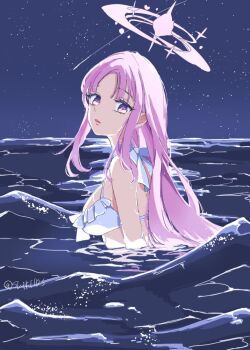 1girl bikini blue_archive blush breasts choker commentary_request frilled_bikini frills from_side halo large_breasts long_hair looking_at_viewer mika_(blue_archive) mika_(swimsuit)_(blue_archive) night ocean outdoors parted_bangs partially_submerged pink_hair pink_halo pink_lips purple_eyes shiki1125 shooting_star sky solo star_(sky) starry_sky swimsuit turning_head upper_body waves wet white_bikini white_choker yellow_eyes