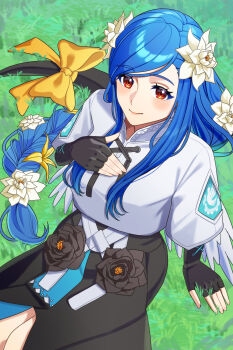 1girl absurdres angel_wings arm_support black_dress black_flower black_gloves blue_eyeshadow blue_hair blush braid braided_ponytail breasts closed_mouth commentary_request dizzy_(guilty_gear) dress eyeshadow fingerless_gloves flower front_slit gloves guilty_gear guilty_gear_strive hair_flower hair_ornament hand_on_own_chest highres large_breasts long_hair looking_at_viewer low-tied_long_hair makeup mature_female nail_polish on_grass outdoors pink_nails queen_dizzy red_eyes ribbon sidelocks sitting smile solo swept_bangs tail tail_ornament tail_ribbon ushiroki white_flower wings yellow_flower