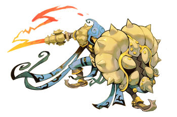 Rule 34 | 1boy, armor, boots, charge blade, crossover, fire, flaming weapon, garrett hanna, gen 1 pokemon, gloves, holding, holding shield, holding sword, holding weapon, hood, hood up, leg belt, monster hunter (series), nintendo, omastar, pelvic curtain, pointed footwear, pokemon, shield, shoulder armor, solo, spikes, sword, weapon, white background