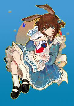 1girl absurdres alternate_costume alternate_hair_length alternate_hairstyle amiya_(arknights) animal_ears apron arknights black_shoes blue_dress blue_eyes blush brown_hair closed_mouth dress hair_between_eyes highres hugging_object illtenji kneehighs pillow pillow_hug rabbit_ears rabbit_girl shoes short_hair socks solo two_side_up white_apron white_socks