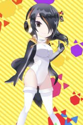 Rule 34 | 1girl, artist request, black hair, emperor penguin (kemono friends), etohana, gloves, hair over one eye, headphones, hood, hoodie, kemono friends, leotard, long hair, looking at viewer, official art, penguin girl, penguin tail, scarf, simple background, solo, tail, thighhighs, yellow background