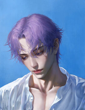 Rule 34 | 1boy, absurdres, bishounen, collarbone, commentary request, highres, love and deepspace, male focus, open clothes, open shirt, original, purple hair, rafayel (love and deepspace), realistic, shadow, shirt, sky, solo, traveling plum