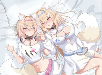 2girls absurdres animal_ear_fluff animal_ears bandaid bandaid_hair_ornament belt_collar black_collar blonde_hair blue_eyes blue_hair blurry breasts cleavage collar commentary dog_ears dog_girl dog_tail dress english_commentary fuwawa_abyssgard fuwawa_abyssgard_(1st_costume) hair_ornament hairpin headphones headphones_around_neck highres hololive hololive_english large_breasts long_hair looking_at_viewer medium_hair mococo_abyssgard mococo_abyssgard_(1st_costume) multicolored_hair multiple_girls pink_eyes pink_hair sasaki_ikuya shirt shorts siblings sisters small_breasts streaked_hair tail twins two_side_up virtual_youtuber white_dress white_shirt white_shorts x_hair_ornament
