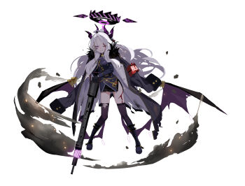 1girl absurdres ahoge armband awei_(aweirua) black_boots black_coat black_gloves black_halo black_thighhighs bleeding blood blue_archive boots clenched_teeth coat demon_girl demon_horns demon_wings full_body gloves grinding_teeth gun halo highres hina_(blue_archive) horns loli long_hair long_sleeves low_wings machine_gun mg42 multiple_horns one_eye_closed red_armband school_uniform simple_background solo standing teeth thighhighs thighs torn_clothes torn_thighhighs very_long_hair weapon white_background white_hair wings zettai_ryouiki