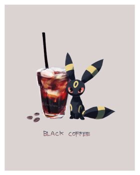 Rule 34 | animal focus, black fur, border, chibi, coffee, coffee beans, commentary request, facial mark, forehead mark, full body, gen 2 pokemon, grey background, highres, iced coffee, kosokoso 002, looking at viewer, nintendo, no humans, pokemon, pokemon (creature), pokemon focus, red eyes, simple background, sitting, solo, umbreon, white border, yellow fur
