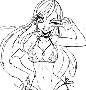 Rule 34 | bikini, breasts, cleft of venus, earrings, flower print, hand on own hip, highres, jewelry, kitagawa marin, large breasts, long hair, midriff, navel, necklace, one eye closed, side-tie bikini bottom, sketch, sono bisque doll wa koi wo suru, swimsuit, teevo, victory pose