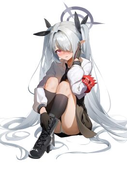 absurdres black_gloves black_necktie blue_archive blush boots collared_shirt gloves grey_hair hair_over_one_eye halo high_heel_boots high_heels highres iori_(blue_archive) long_hair looking_at_viewer necktie panties red_eyes shirt sitting skindentation skirt solo twintails underwear very_long_hair white_panties white_shirt zhileng_zhil