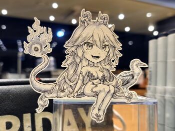 Rule 34 | 1girl, bird, breasts, chibi, cleavage, commentary, corrupted twitter file, demon girl, demon horns, demon tail, detached collar, detached sleeves, dress, fangs, fire, highres, horns, indie virtual youtuber, jqhnharqld, large breasts, long hair, multiple horns, open mouth, paper child, papercraft (medium), photo (medium), short dress, sitting, smile, solo, tail, toes, unconventional media, vei (vtuber), vei (sky empress) (vtuber), virtual youtuber