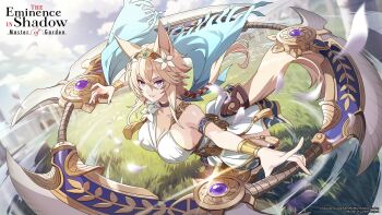 1girl animal_ears armlet artist_request bracelet breasts brown_ribbon cleavage collar copyright_name copyright_notice dress flower gold_bracelet gold_trim hair_between_eyes hair_flower hair_ornament hair_ribbon highres jewelry kage_no_jitsuryokusha_ni_naritakute! kage_no_jitsuryokusha_ni_naritakute!_master_of_garden large_breasts long_hair official_art purple_eyes ribbon solo tail white_dress white_flower zeta_(kage_no_jitsuryokusha_ni_naritakute!)