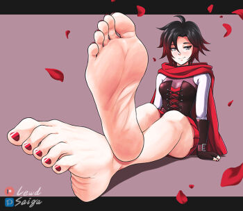 1girl ahoge artist_logo artist_name bare_legs barefoot black_hair breasts cloak commentary commission corset crossed_ankles english_commentary falling_petals feet foot_focus foreshortening full_body hair_between_eyes legs letterboxed lewdsaiga logo looking_at_viewer medium_breasts medium_hair multicolored_hair nail_polish patreon_logo petals pixiv_logo purple_background red_cloak red_nails ruby_rose rwby shadow sitting soles solo streaked_hair toe_scrunch toenail_polish toenails toes