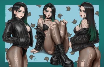 1girl 2025 ankle_boots april_(sciamano240) artist_name ass black_boots black_bra black_choker black_hair black_jacket black_lips black_panties black_pantyhose boots border bra breasts cat choker closed_mouth collarbone commentary cowboy_shot crop_top cross cross_earrings crossed_ankles earrings english_commentary fishnet_top fishnets from_side full_body goth_fashion gradient_hair green_border green_eyes green_hair grey_hair hand_in_pocket highres jacket jewelry knees_up lace-up_boots large_breasts leather leather_jacket lipstick long_hair long_sleeves looking_at_viewer makeup multicolored_hair multiple_views off_shoulder original outside_border panties pantyhose parted_lips purple_lips sciamano240 signature sitting standing thong torn_clothes torn_pantyhose turning_head two-tone_hair underwear unzipped