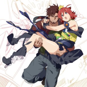 1boy 1girl arad_molders armlet assault_visor beard black_footwear black_skirt blue_eyes blush boots brown_eyes brown_hair carrying chinese_commentary facial_hair flower grey_pants hair_between_eyes hair_flower hair_ornament hetero high_heel_boots high_heels highres idol_clothes jewelry kaname_buccaneer looking_at_viewer macross macross_delta mecha one_eye_closed open_mouth pants parted_lips princess_carry red_hair robot running shirt short_hair skirt smile striped_clothes striped_shirt surprised variable_fighter vertical-striped_clothes vertical-striped_shirt vf-31 wangyou_ro yellow_flower yellow_shirt