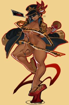 1girl absurdres angry areola_slip black_hair black_hat black_jacket breasts brown_eyes caution_tape commentary dark-skinned_female dark_areolae dark_skin double-parted_bangs ear_piercing english_text fingernails full_body hair_between_eyes hat highres holding holding_megaphone jacket jacket_on_shoulders large_breasts long_fingernails looking_at_viewer mask mask_on_hat megaphone military_jacket naked_jacket nezo oni_mask open_mouth original peaked_cap piercing platform_sandals red_sandals sandals short_hair simple_background speech_bubble standing standing_on_one_leg talking tongue_piercing yellow_background