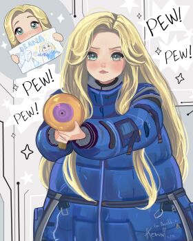 1girl absurdres aiming aiming_at_viewer aqua_eyes artist_name blonde_hair blue_coat closed_mouth coat commentary cowboy_shot diana_(pragmata) drawing_(object) english_commentary freckles highres holding holding_paper holding_water_gun kewni lips long_hair long_sleeves looking_at_viewer multiple_views padded_coat paper pragmata puffy_coat puffy_long_sleeves puffy_sleeves standing very_long_hair water_gun