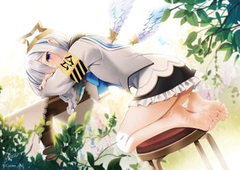 1girl amane_kanata amane_kanata_(1st_costume) angel angel_wings arm_pillow armband asymmetrical_bangs bare_legs barefoot black_skirt blue_hair bob_cut casino_(casinoep) colored_inner_hair commentary_request feet frilled_skirt frilled_sleeves frills full_body grey_hair grey_jacket hair_over_one_eye halo highres hololive jacket long_sleeves looking_at_viewer multicolored_hair plant purple_eyes revision shirt short_hair signature skirt soles solo star_halo streaked_hair table toes twitter_username virtual_youtuber white_shirt wings yellow_armband