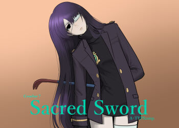 Rule 34 | 1girl, arm behind back, artist name, black dress, black eyes, commentary request, cowboy shot, crowbar, dress, empty eyes, expressionless, eyepatch, frown, head tilt, holding, holding crowbar, lips, long hair, matsu (a-type corp), medical eyepatch, original, purple hair, short dress, single thighhigh, solo, thighhighs, turtleneck, turtleneck dress, very long hair, white thighhighs