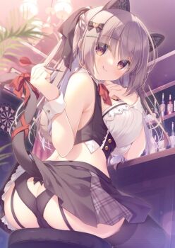 1girl animal_ears ass_cutout bare_shoulders black_bow black_hairband black_panties black_skirt black_thighhighs black_vest bow braid breasts brown_eyes brown_hair cameltoe cat_ears cat_tail clothing_cutout collar commentary_request crop_top dart dartboard detached_collar hair_between_eyes hair_bow hairband heart_cutout holding large_breasts long_hair midriff original panties plaid_clothes plaid_skirt pleated_skirt red_bow sitting skirt solo stool tail tail_bow tail_ornament thighhighs underwear very_long_hair vest white_collar wrist_cuffs yukie_(peach_candy)