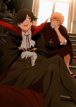 2boys ahoge araragi_koyomi beard black_cape black_hair black_jacket black_pants blonde_hair brown_eyes brown_robe brown_sandals cape chair cigarette classroom closed_mouth commentary cross cross_necklace desk facial_hair fangs frilled_sleeves frills gesugesu_ahoaho gloves goatee hair_over_one_eye highres inverted_cross inverted_cross_earrings jacket jewelry looking_at_another looking_back monogatari_(series) multiple_boys necklace on_stairs open_mouth oshino_meme pants priest red_cape red_eyes robe sandals school_chair school_desk sitting smile stairs two-sided_fabric unlit_cigarette_in_mouth vampire vampire_costume white_gloves window