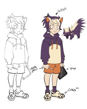 1girl androgynous animal_ears apple_pencil arrow_(symbol) blonde_hair creature_and_personification crocs diagram english_text eyeshadow full_body gen_4_pokemon highres holding holding_pencil holding_tablet_pc hood hood_down hoodie ipad itslyssalala label makeup messy_hair nintendo orange_eyeshadow orange_shorts pencil personification pokemon purple_hair purple_hood purple_hoodie purple_socks short_hair shorts smile socks standing stunky tablet_pc yellow_hoodie