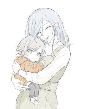 2girls :d ^_^ aged_down animal_print black_pants blue_hair blush carrying carrying_person child child_carry closed_eyes closed_mouth commentary_request dress family_bonding green_dress green_eyes grey_hair hair_between_eyes happy highres hinomori_shiho hinomori_shizuku hood hood_down hoodie hug korean_commentary long_hair long_sleeves mole mole_under_mouth multiple_girls ncwkqozg no_pupils open_mouth orange_hoodie pants project_sekai rabbit_print shirt short_hair siblings sidelocks simple_background sisters smile socks time_paradox upper_body watch white_background white_shirt white_socks wristwatch
