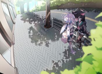 Rule 34 | absurdres, animal ears, black choker, black hair, black hoodie, black pantyhose, blue archive, cat ears, cat girl, choker, green sailor collar, halo, highres, hood, hoodie, kazusa (blue archive), medium hair, neckerchief, pantyhose, pink hair, pink halo, pink neckerchief, purple hair, purple halo, reisa (blue archive), sailor collar, skirt, sukeban (smg) (blue archive), white skirt, whonyang, yuri