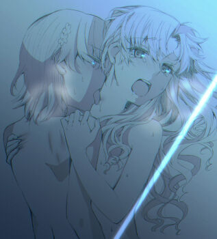 2girls absurdres blue_theme blush commentary_request cowboy_shot hands_on_another's_shoulders hickey higashizukihi_sei highres implied_fingering licking licking_another's_neck long_hair looking_at_viewer medium_hair misaka_mikoto multiple_girls open_mouth saliva sex shirai_kuroko shoulder_blades sweat teeth toaru_kagaku_no_railgun toaru_majutsu_no_index tongue upper_teeth_only wavy_hair yuri