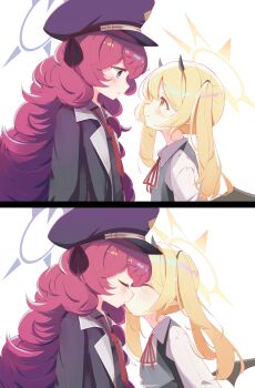 2girls ^_^ absurdres age_difference black_hat black_horns black_jacket black_ribbon black_shirt black_wings blonde_hair blue_archive blue_eyes blue_halo blush closed_eyes closed_mouth collared_shirt cone_horns demon_girl demon_horns demon_wings dress_shirt eye_contact face-to-face fluffy_hair from_side garuruu_(garumux) hair_tie halo hat hat_ribbon height_difference highres horns ibuki_(blue_archive) iroha_(blue_archive) jacket kiss kissing_cheek lapels long_hair looking_at_another multiple_girls neck_ribbon necktie notched_lapels onee-loli parted_lips peaked_cap pointy_ears profile red_hair red_necktie red_ribbon ribbon sequential shirt simple_background small_horns smile twintails u_u white_background white_shirt wing_collar wings yellow_halo yuri