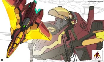1girl absurdres aircraft airplane alien apoloniodraws ben_10 ben_10:_alien_force blonde_hair eyebrow_cut fighter_jet genderswap genderswap_(mtf) green_eyes helmet highres holding holding_unworn_helmet jetray military_vehicle multicolored_hair omnitrix on_ladder pilot red_hair two-tone_hair unworn_helmet