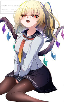 1girl absurdres alternate_costume black_skirt blonde_hair blush brown_pantyhose caseee999 commentary_request crystal_wings fang flandre_scarlet highres looking_at_viewer medium_hair necktie one_side_up open_mouth pantyhose pointy_ears red_eyes red_necktie shirt skirt solo touhou white_background white_shirt wings