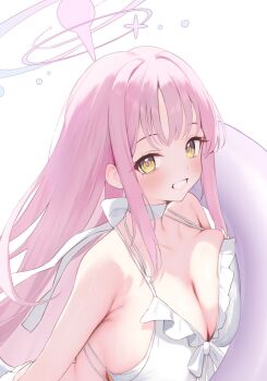 1girl bikini blue_archive blush breast_press breasts cleavage collarbone commentary_request frilled_bikini frills halo highres large_breasts long_hair looking_at_viewer mika_(blue_archive) mika_(swimsuit)_(blue_archive) official_alternate_costume open_mouth pink_hair pink_halo saki_(saki_paint) simple_background smile solo swim_ring swimsuit white_background white_bikini yellow_eyes