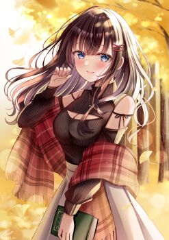 1girl black_hair black_sweater blue_eyes blush book breasts cleavage cleavage_cutout closed_mouth clothing_cutout commentary_request detached_sleeves grey_skirt hair_between_eyes hair_ornament hairclip highres holding holding_book leaf long_hair looking_at_viewer medium_breasts open_mouth original red_shawl sakura_hiyori shawl skirt smile solo sweater tree x_hair_ornament
