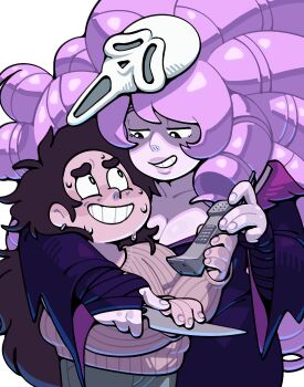 Rule 34 | 1girl, breasts, cleavage, cosplay, discount-supervillain, gem (steven universe), ghostface, ghostface (cosplay), greg universe, halloween costume, height difference, highres, long hair, mask, mask on head, medium breasts, pink hair, plump, rose quartz (species) (steven universe), rose quartz universe, scream (movie), size difference, smile, steven universe, tall female, very long hair