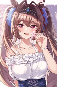 1girl :d absurdres animal_ears antenna_hair bare_shoulders blue_skirt bow bracelet breasts brown_hair collarbone daiwa_scarlet_(casual)_(umamusume) daiwa_scarlet_(umamusume) flower frills hair_between_eyes hair_bow hair_intakes high-waist_skirt highres holding holding_flower horse_ears horse_girl jewelry kurokin long_hair looking_at_viewer medium_breasts off-shoulder_shirt off_shoulder open_mouth puffy_short_sleeves puffy_sleeves red_bow red_eyes shirt short_sleeves skirt smile solo tiara twintails umamusume upper_body very_long_hair white_shirt