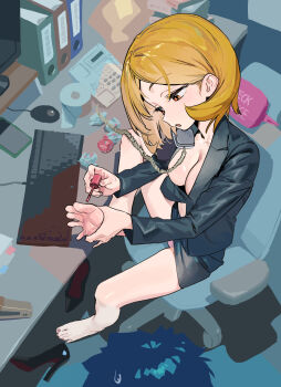 1boy 1girl applying_pedicure bare_legs barefoot black_jacket black_skirt blonde_hair breasts chaucer_(some1else45) computer_keyboard computer_mouse corded_phone eyelashes feet foot_focus foot_up from_above full_body high_heels highres holding holding_own_foot indoors jacket legs medium_breasts miniskirt monitor multitasking nail_polish office_lady open_mouth orange_eyes original out_of_frame painting_toenails panties phone pink_panties sekoshi_(some1else45) shoes sitting sketch_background skirt soles solo_focus some1else45 spread_toes talking_on_phone toenail_polish toenails toes underwear unworn_shoes
