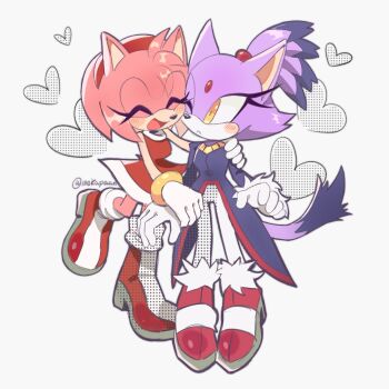 2girls amy_rose animal_ears blaze_the_cat blush boots cat_ears cat_tail cheek-to-cheek closed_eyes closed_mouth commentary commission dress eyelashes forehead_jewel full_body furry furry_female gloves hairband heads_together heart high_heels highres jacket long_sleeves looking_at_another mokapaan multiple_girls one_eye_closed open_mouth pink_fur pink_hair purple_fur purple_hair purple_jacket red_dress red_hairband sleeveless sleeveless_dress sonic_(series) tail twitter_username white_background white_gloves yellow_eyes yuri