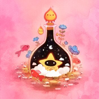 animal artist_name blue_flower bottle cloud commentary cork corked_bottle creature crescent_moon ellievsbear english_commentary fire fish flower flying_fish glass_bottle moon night no_humans original plant potion signature sitting sky solid_circle_eyes solid_eyes star_(sky) star_(symbol)