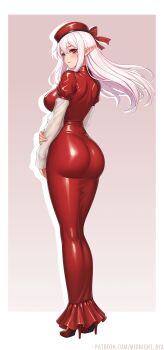 1girl absurdres ass beret breasts dress evening_gown eye_tattoo facial_tattoo full_body hat highres hobble_dress large_breasts latex latex_dress long_dress long_hair long_sleeves looking_at_viewer looking_back mermaid_dress midnight_(banyex) original patreon_username pointy_ears puffy_long_sleeves puffy_sleeves red_eyes red_hat red_tattoo see-through_clothes see-through_sleeves skin_tight smile solo tattoo watermark web_address white_hair