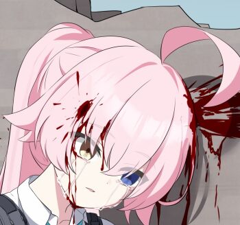1girl against_wall ahoge bleeding blood blood_from_forehead blood_in_hair blood_on_face blood_on_wall blue_archive blue_eyes chinese_commentary commentary_request commission corpse cropped death dot_nose empty_eyes gunshot_wound guro hair_between_eyes hair_flaps head_tilt heterochromia hoshino_(armed)_(blue_archive) hoshino_(blue_archive) huge_ahoge injury long_hair paid_reward_available parted_lips pink_hair ponytail second-party_source sidelocks solo tears violetsang wing_collar yellow_eyes