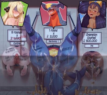 3girls absurdres after_anal after_vaginal aftersex annoyed anus aroused ass black_sclera blonde_hair body_writing cheeso_art colored_sclera cum cum_in_ass cum_in_pussy cumdrip cynthia_(pokemon) dark-skinned_female dark_skin furry furry_female garchomp gen_4_pokemon glory_wall highres immobilization iris_(pokemon) lower_body multiple_girls naughty_face nintendo pokedollar pokemon pokemon_(creature) pokemon_black_and_white pokemon_diamond/pearl/platinum public_use purple_hair pussy restrained sharp_teeth spread_legs stationary_restraints tail take_your_pick teeth through_wall tongue tongue_out uncensored writing_on_wall