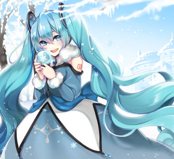 Rule 34 | 1girl, aqua eyes, aqua hair, aqua necktie, arm tattoo, commentary request, dress, fur-trimmed dress, fur trim, hair between eyes, hair ornament, hatsune miku, highres, holding, holding snow globe, long hair, long sleeves, looking at viewer, mamo (fortune-mm), necktie, number tattoo, open mouth, outdoors, princess, smile, snow globe, snowflakes, solo, tattoo, twintails, very long hair, vocaloid