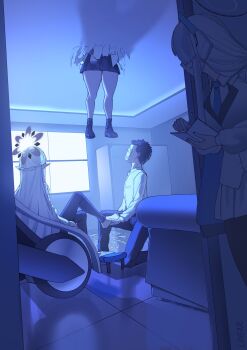 1boy 3girls barefoot black_hair blue_archive ceiling commentary doodle_sensei_(blue_archive) english_commentary fat_joke foot_massage halo highres himari_(blue_archive) holding hole_in_ceiling indoors linear_71 long_hair multiple_girls necktie noa_(blue_archive) on_one_knee pants pantyhose peeking_out photo-referenced pleated_skirt pointy_ears powered_wheelchair sensei_(blue_archive) shirt sidelocks skirt sweat thighs through_ceiling wheelchair window yuuka_(blue_archive)