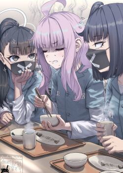 ahoge black_hair black_nails blue_archive bow chopsticks closed_eyes commentary_request high_ponytail highres kaya_(blue_archive) long_hair looking_at_another mask mouth_mask nervous pink_hair plate ponytail prison_clothes sidelocks sukeban_(smg)_(blue_archive) sukeban_(sr)_(blue_archive) sweatdrop white_hair zombie_mogura