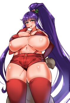 1girl absurdres ayanobro bikini bikini_top_only blunt_bangs blush breasts christmas eiken elbow_gloves g-string gloves grey_eyes hair_ornament highres holding holding_sack huge_breasts long_hair misono_kirika mistletoe navel ponytail purple_hair red_bikini red_thighhighs sack shorts sidelocks simple_background solo swimsuit thighhighs thighs thong tongue very_long_hair zettai_ryouiki