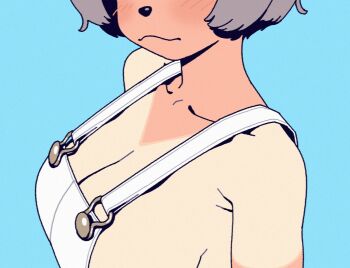 1girl alternate_costume animal_nose armpit_crease blue_background blush breasts cleavage closed_mouth commentary_request facing_to_the_side facing_viewer from_side grey_hair head_out_of_frame large_breasts magari_(c0rn3r) mode_aim no_bra no_shirt overalls ponpoko_(vtuber) short_hair sideboob simple_background solo sunburn tan tanline upper_body virtual_youtuber white_overalls