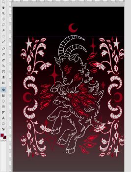 Rule 34 | alt text, animal focus, art program in frame, black background, clip studio paint (medium), colored lineart, commentary, crescent, crescent moon, dark background, demon, disembodied eye, english commentary, extra legs, full body, gradient background, grey background, highres, horizontal pupils, horns, horror (theme), looking at viewer, meyoco, monochrome, monster, moon, no humans, original, pentagram, plant, rearing, red background, red eyes, red theme, sparkle, star (symbol), too many eyes, white horns