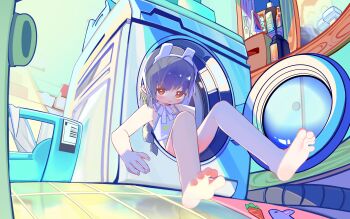 1girl absurdres barefoot bikini blue_archive feet highres huge_filesize in_washing_machine legs leng_guang_jiu_juan loli looking_at_viewer machine miyu_(blue_archive) miyu_(swimsuit)_(blue_archive) red_eyes soles solo stuck swimsuit