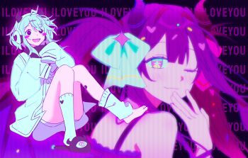 2girls ahoge black_slippers blush_stickers bow demon_girl demon_horns demon_wings english_text fang hair_bow headphones heart heart-shaped_pupils highres horns jacket lightning_ahoge mismatched_socks multicolored_eyes multiple_girls one_eye_closed open_mouth purple_hair q-chan_(yunyun_denpa_syndrome) renyarrh sharp_teeth skin_fang sleeves_past_fingers sleeves_past_wrists slippers smile socks symbol-shaped_pupils teeth turtleneck twintails white_hair white_jacket white_socks wings yunyun_(yunyun_denpa_syndrome) yunyun_denpa_syndrome