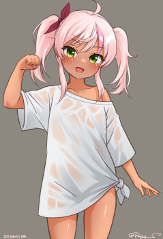 1girl comandante_cappellini_(kancolle) commentary_request cowboy_shot dark-skinned_female dark_skin dated green_eyes grey_background kantai_collection long_hair looking_at_viewer multicolored_hair no_bra no_panties open_mouth pink_hair ray.s shirt smile solo streaked_hair twintails twitter_username wet wet_clothes wet_shirt